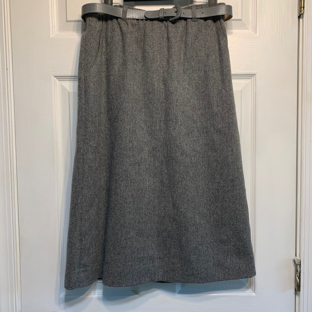 VTG Koret Wool Midi Skirt 12 Grey ILGWU Made in USA Elastic Waist Belted Preppy